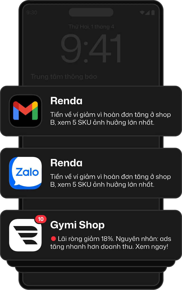 Thông báo Renda qua Email, Zalo và app