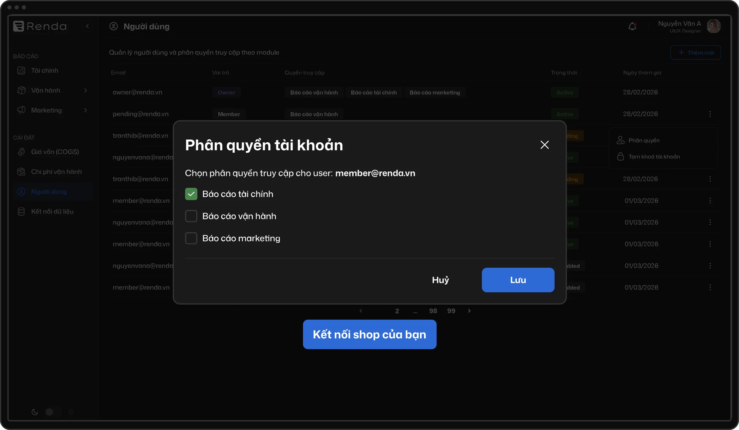 Giao diện phân quyền tài khoản Renda
