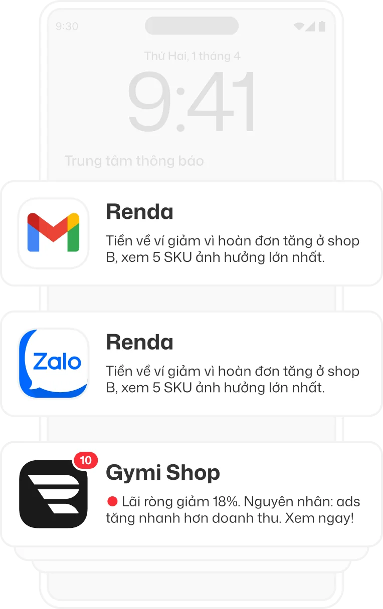 Thông báo Renda qua Email, Zalo và app