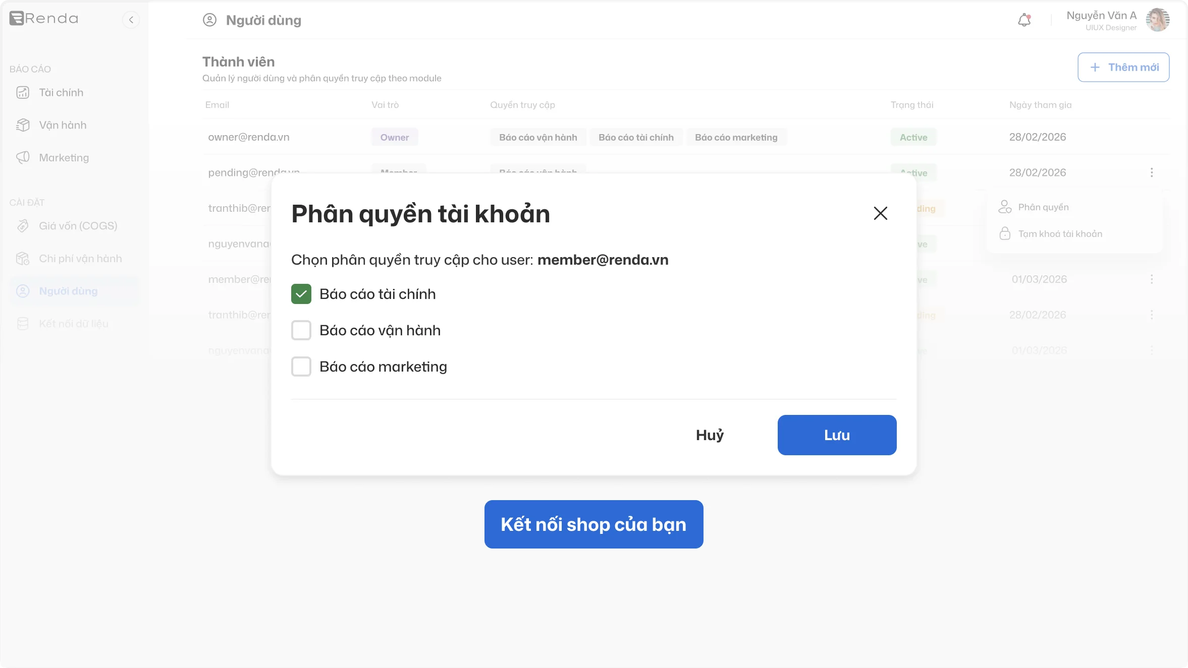 Giao diện phân quyền tài khoản Renda